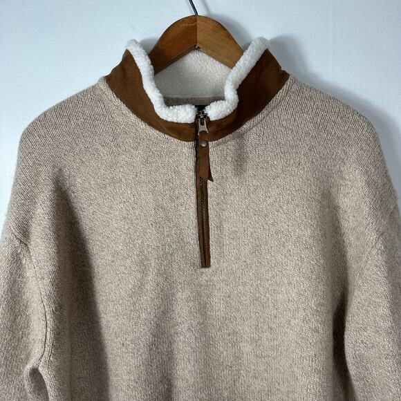 Orvis Lambswool 1/4 Zip Sweater XXL Beige Sherpa Collar Suede Trim F21 Outdoor - Picture 11 of 11